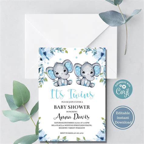 Twin Baby Shower Invitation Boy, Twins Baby Shower Invitation, Elephant ...