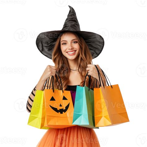 halloween woman in witch costume holding shopping bags 50173206 PNG