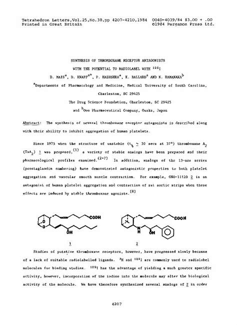 Pdf Synthesis Of Thromboxane Receptor Antagonists With The Potential