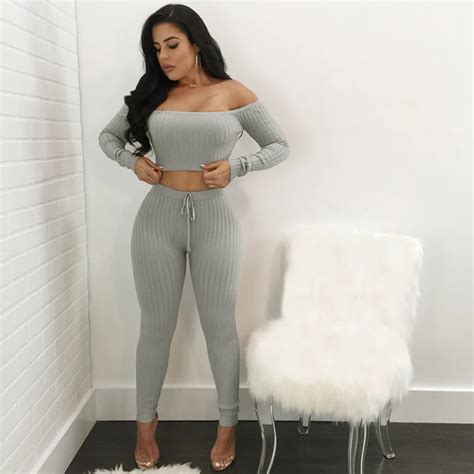 Sexy Women Two Piece Set Crop Top Leggings Solid Ribbed Off Shoulder