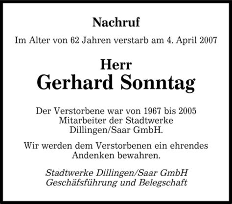 Traueranzeigen Von Gerhard Sonntag Saarbruecker Zeitung Trauer De