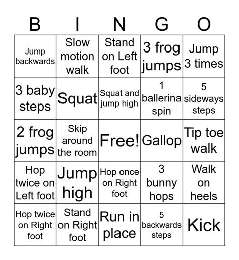 Gross Motor Bingo Card