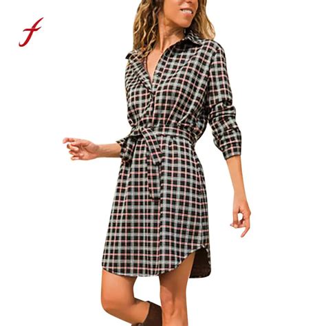 2019 Plaid Dress Women Plaid Printing Long Sleeve Loose Pencil Mini Dress Elegant Plus Size