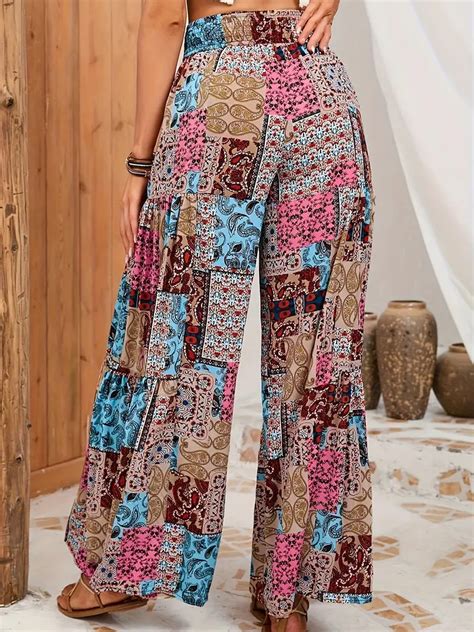 Ethnic Print High Waist Pants Boho Wide Leg Long Length Temu