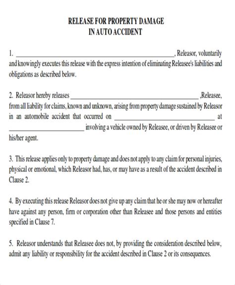 Free Sample Property Damage Release Forms In Ms Word Pdf