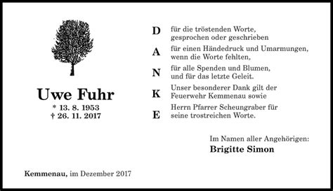 Traueranzeigen Von Uwe Fuhr Rz Trauer De