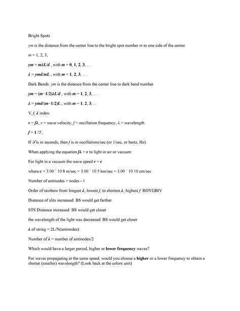 Physics - Lecture notes for exam - Bright Spots 𝑦𝑚 is the distance from ... 