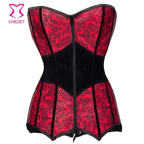 Red Black Floral Print Vintage Overbust Corset Corpetes E Espartilhos