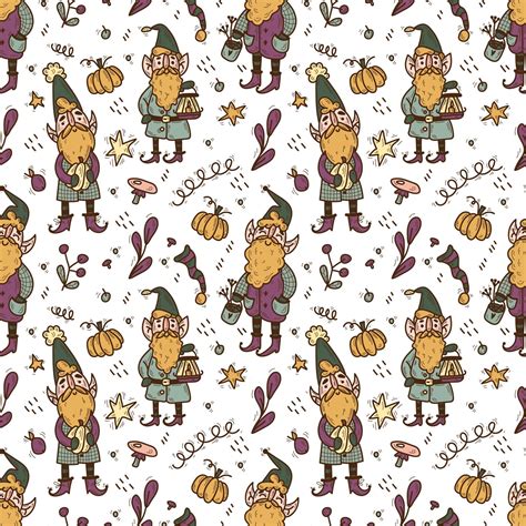 Garden Gnomes Doodle Seamless Pattern Cute Gnomes With Beard Funny