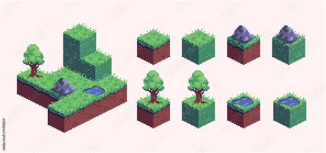 Isometric landscape blocks pixel art set. Map builder, square biome ...