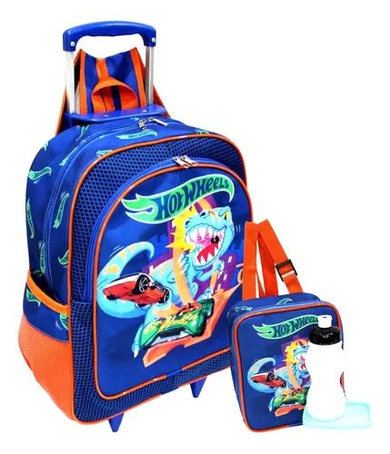 Mochila Escolar Hot Wheels Dino Rodinha Tam G Lancheira Cor Azul