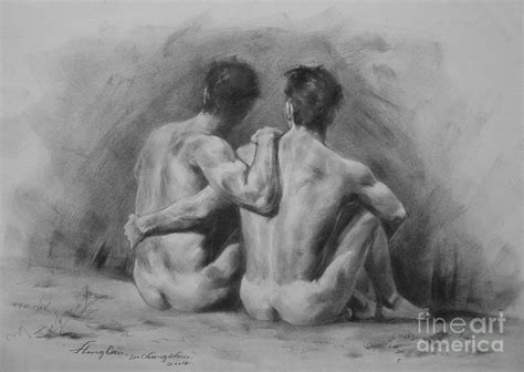 Original Drawing Sketch Charcoal Chalk Male Nude Gay Man Art Pencil On