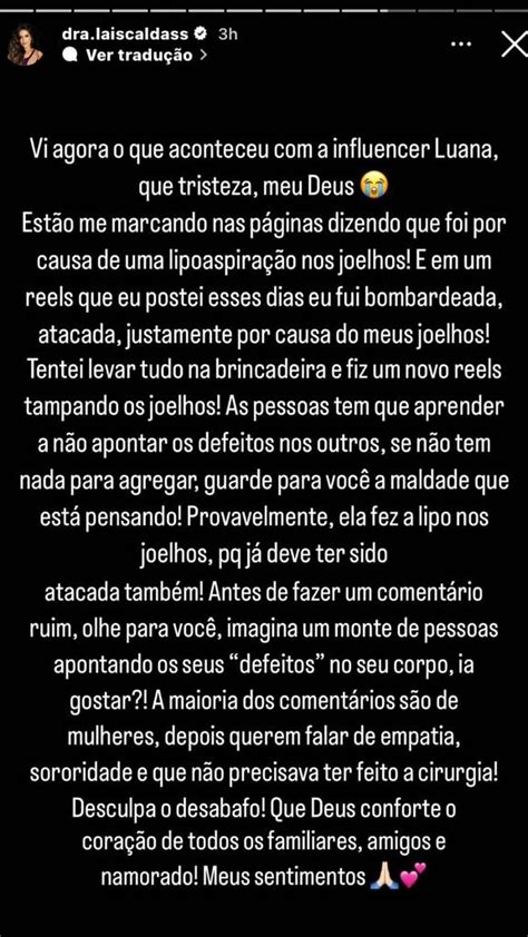 Ex BBB Laís Caldas desabafa sobre morte de influencer Luana Andrade