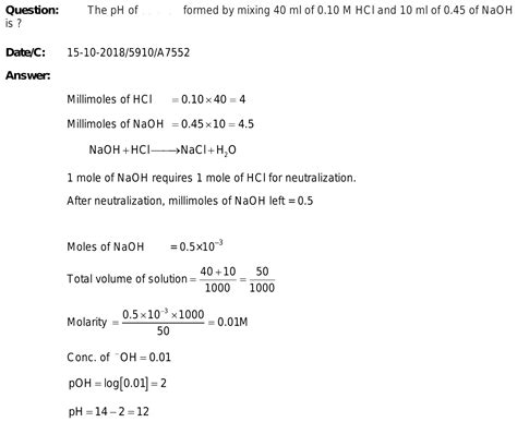 28 The PH Of Solution Formed By Mixing 40 Ml Of 0 10 M HCl And 10 Ml Of