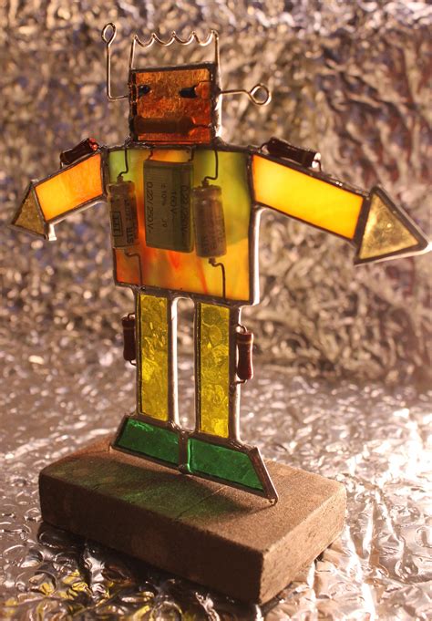 Upcycled Retro Stained Glass Robot Art Sculpture Recycled Etsy