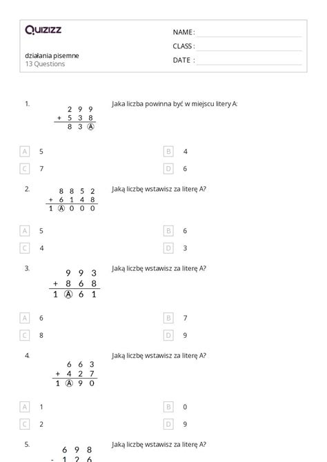 Ponad Dzielenie Pisemne Arkuszy Roboczych Dla Klasa W Quizizz