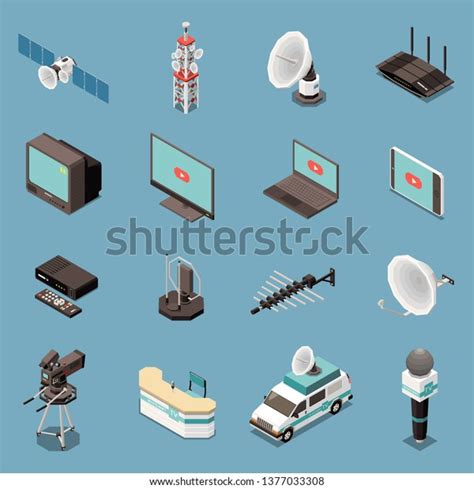 Isometric Set Icons Various Telecommunication Equipment Stock Vector