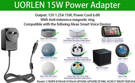 Uorlen 15w Power Adapter For Alexa Echo Dot 3rd 4th 5th Generation