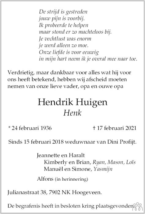 Hendrik Henk Huigen 17 02 2021 Overlijdensbericht En Condoleances