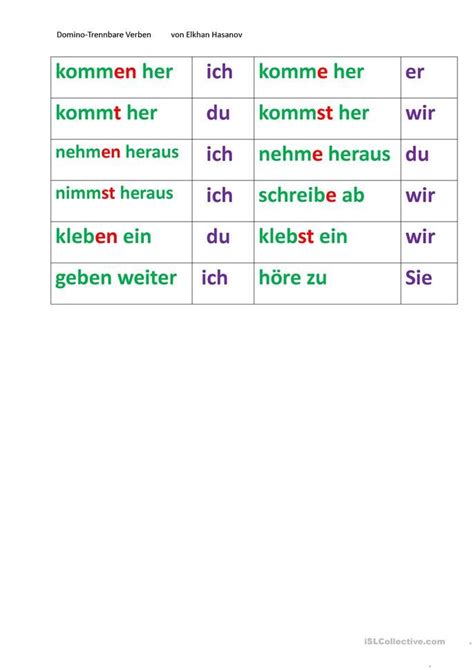 Trennbare Verben Domino Deutsch Lernen Text Auf Deutsch Verben