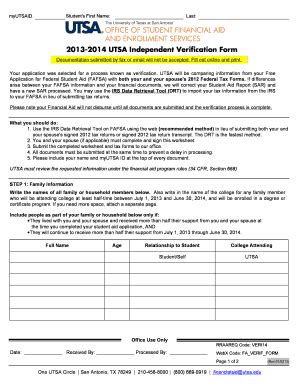 Fillable Online Utsa 2013 2014 UTSA Independent Verification Form Fax