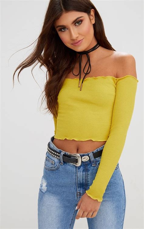 Yellow Frill Edge Crop Top Crop Tops Denim Crop Top Cutout Shoulder Top