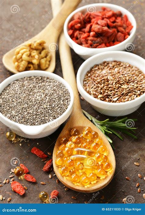 Super Food Goji Berries Chia Seeds Flax Seeds Walnuts And Omega 3 Stock Image Image Of