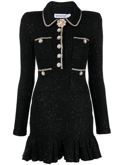 Self Portrait Sequin Embellished Tweed Minidress In Black Lyst