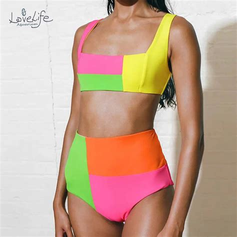 Bandagem Maiô Feminino Fluorescente Colorblock Praia Biquíni Separado