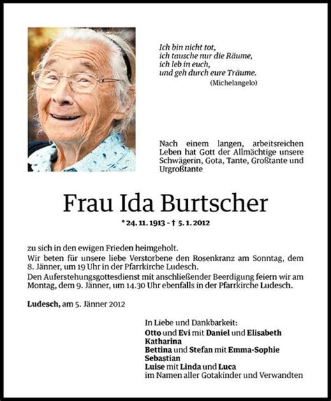 Todesanzeigen Von Ida Burtscher Todesanzeigen Vorarlberger Nachrichten