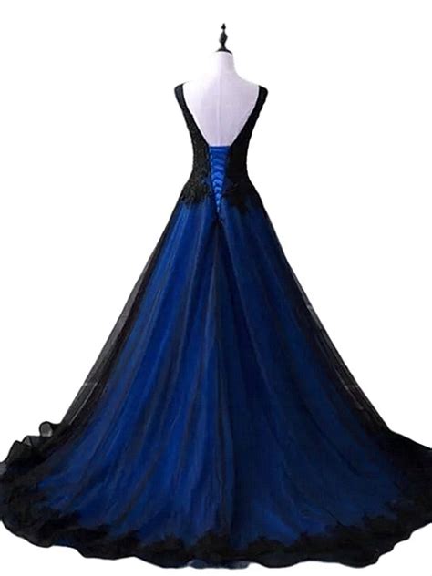 Black and Blue V-neckline Lace Applique Long Formal Dress, Black and B – formalgowns