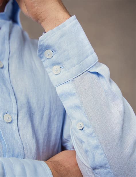 Mens Light Blue Slim Fit Linen Shirt Single Cuff Hawes And Curtis