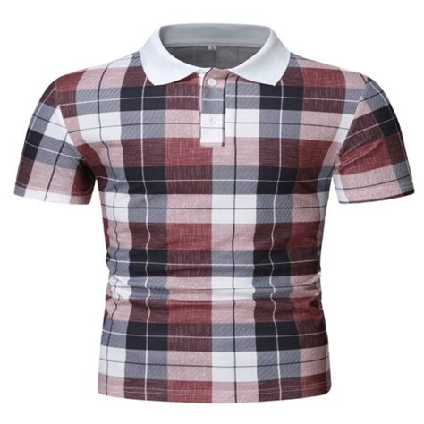 Checked Printed Mens Button Collar Casual T Shirt Summer Short Sleeve