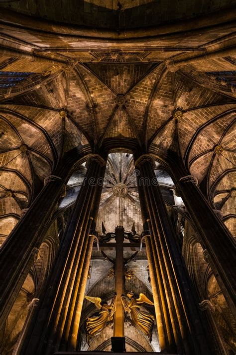 Columns And Arches Inside Barcelona Gothic Cathedral Editorial