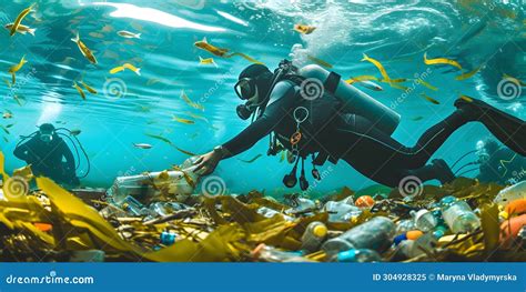 Scuba Diver Swimming Underwater In The Deep Blue Ocean With Lots Of