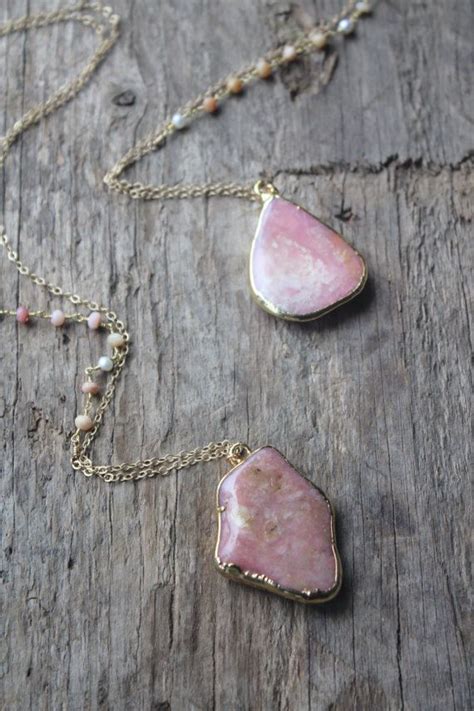 Gold Edged Pink Opal Stone Necklace With Opal And Pearl Accent Etsy