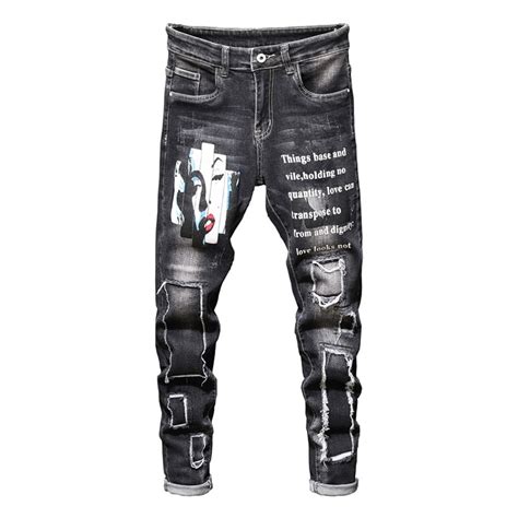 Sokotoo Mannen Monroe Gedrukt Stretch Jeans Letter Grandado