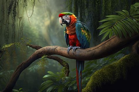 Premium AI Image Parrot Perched On Tree Branch Surveying Jungle From