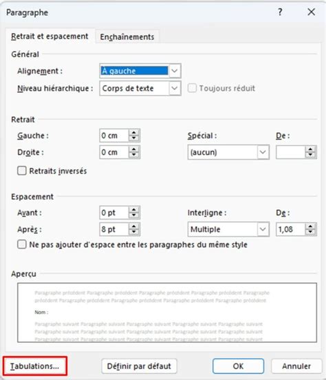 Word Faire des pointillés réguliers grâce à la tabulation droite