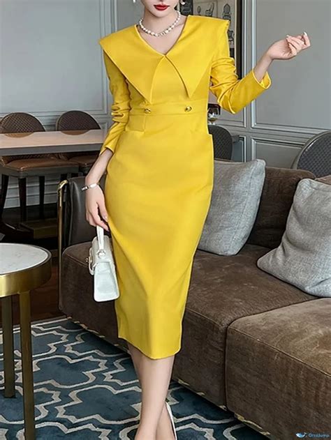 Orcajump Classic Midi Dress With Shawl Collar Timeless Elegance In Regular Fit Belt Free