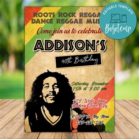 Printable Bob Marley Birthday Party Invitation Instant Download