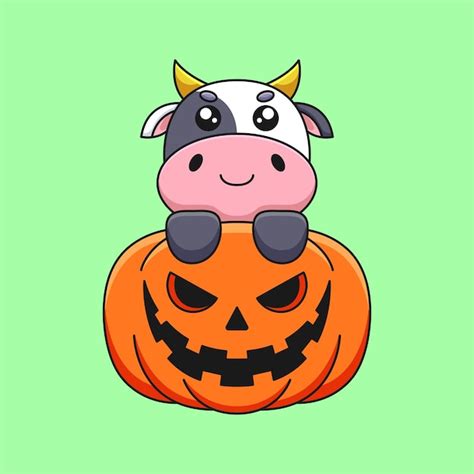 Mignon Citrouille Vache Halloween Dessin Animé Mascotte Doodle Art