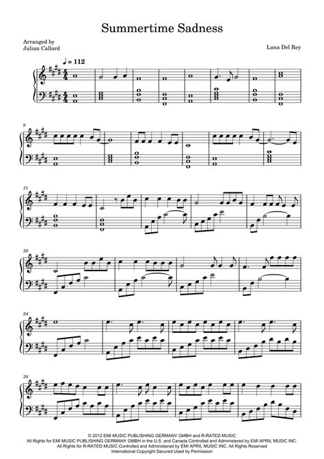 Summertime Sadness Arr Julian Callard By Lana Del Ray Sheet Music