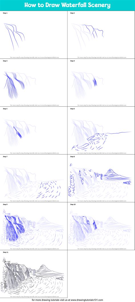 How to Draw Waterfall Scenery (Waterfalls) Step by Step | DrawingTutorials101.com