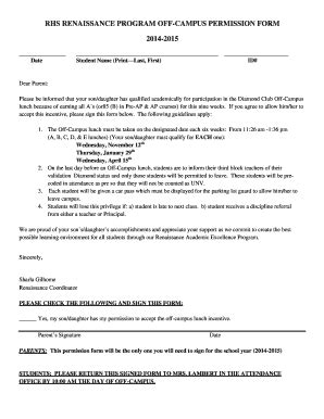 Fillable Online RHS RENAISSANCE PROGRAM OFF CAMPUS PERMISSION FORM Fax