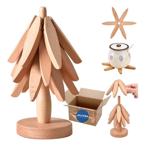 Amazon Jilitse Wooden Tree Trivets For Hot Dishes Set Of With Stand Natural Foldable