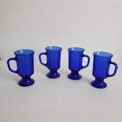 Anchor Hocking Dining Vtg Anchor Hocking Cobalt Blue Glass Irish Coffee Footed Mugs Set