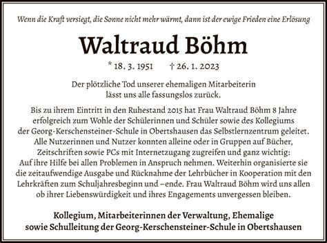 Traueranzeigen von Waltraud Böhm trauer op online de