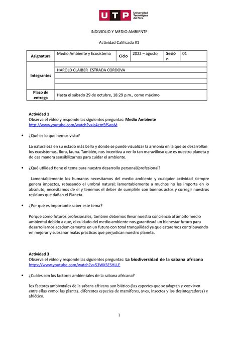 Individuo Medio Ambiente TA1 INDIVIDUO Y MEDIO AMBIENTE Actividad
