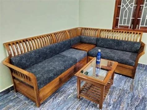 Teak Wood L Shape Wooden Sofa Set With Center Table